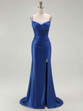 Sparkly Satin Mermaid Long Corset Prom Dress with Beading