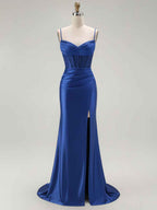 Sparkly Satin Mermaid Long Corset Prom Dress with Beading