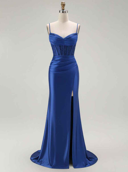 Sparkly Satin Mermaid Long Corset Prom Dress with Beading BMBRIDE