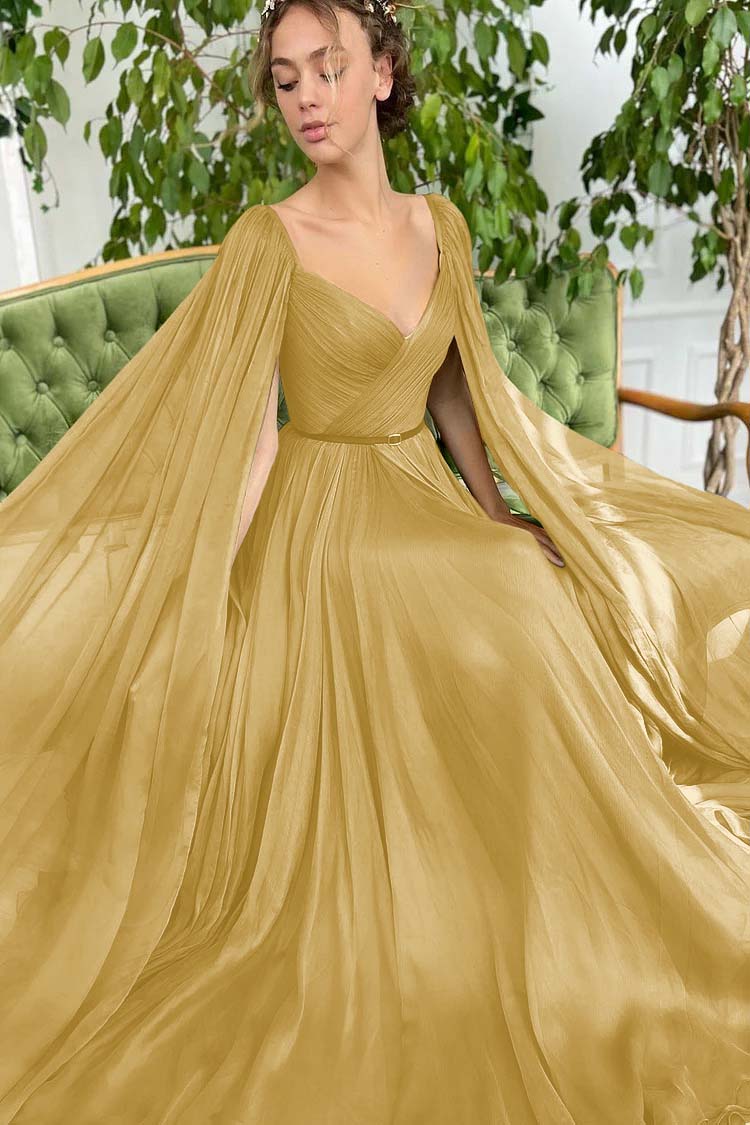 Elegant Green Long Sleeves Formal Belt Prom Dress Tulle With Split BMBRIDE
