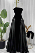 Black Strapless Sleeveless Long Prom Dress With Pleated Beading