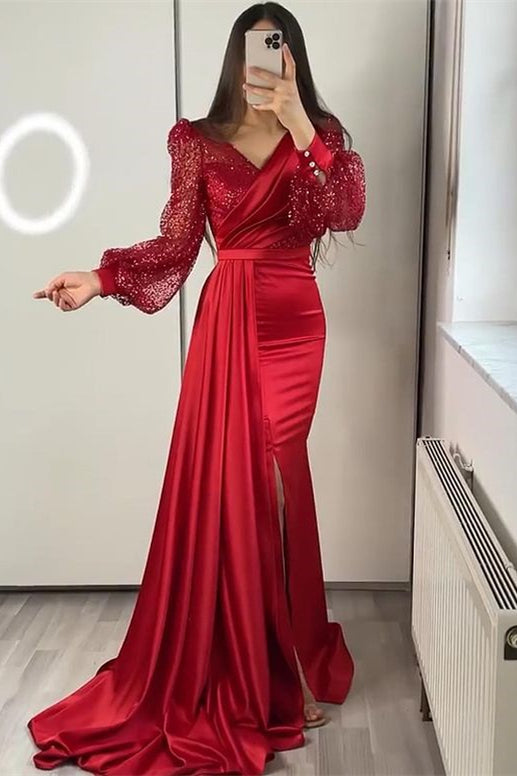 Sequins V-Neck Long Sleeves Mermaid Split Evening Dress with Ruffle BM bride