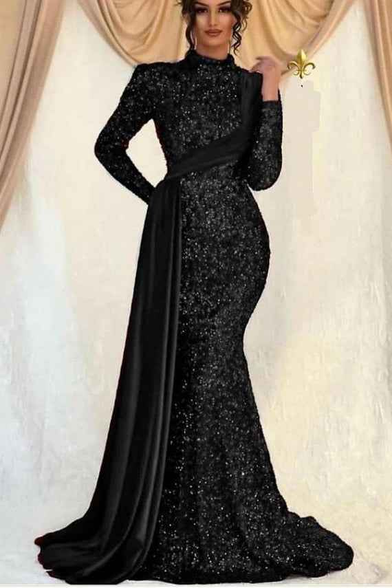 Charming Long Sleeves Mermaid Sequins Prom High Collar Dress With Ruffles