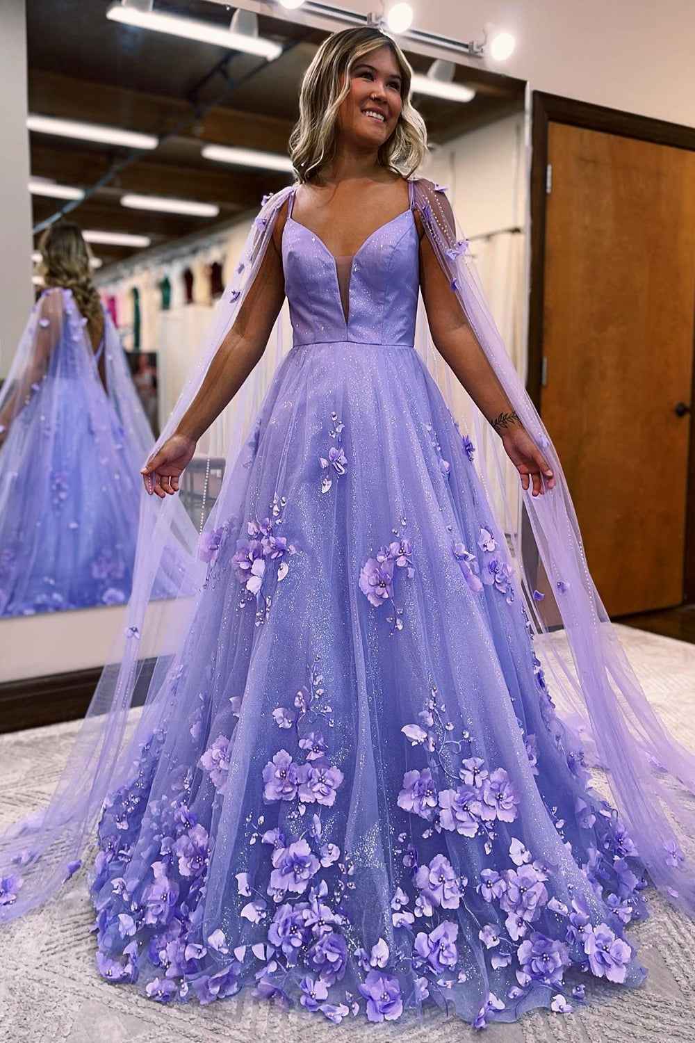 Lavender Tulle Spaghetti Strap A Line Sequins Long Prom Dress With Appliques