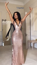 Dusty Pink Long V-Neck Sequin Prom Dress BM bride