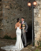 V-neck Spaghetti Straps Backless Mermaid Wedding Dress With Lace Appliques BM bride