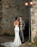 V-neck Spaghetti Straps Backless Mermaid Wedding Dress With Lace Appliques BM bride