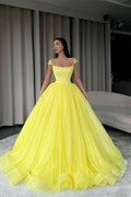 Yellow Off-The-Shoulder Ball Gown Sequins Evening Dress BM bride