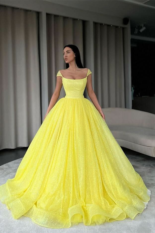 Yellow Off-The-Shoulder Ball Gown Sequins Evening Dress BM bride