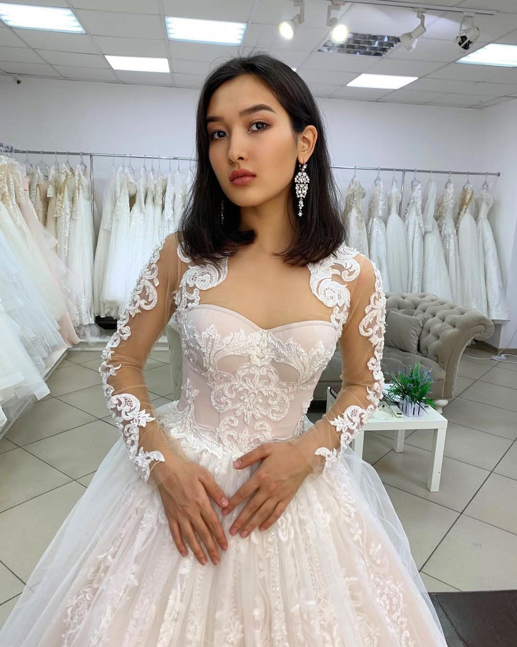 Princess Off-the-shoulder Wedding Dress Long Sleeves Tulle BM bride