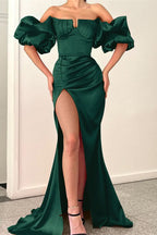 Fuchsia Strapless Off-the-Shoulder Puff Sleeve Mermaid Evening Dress with Split BM bride