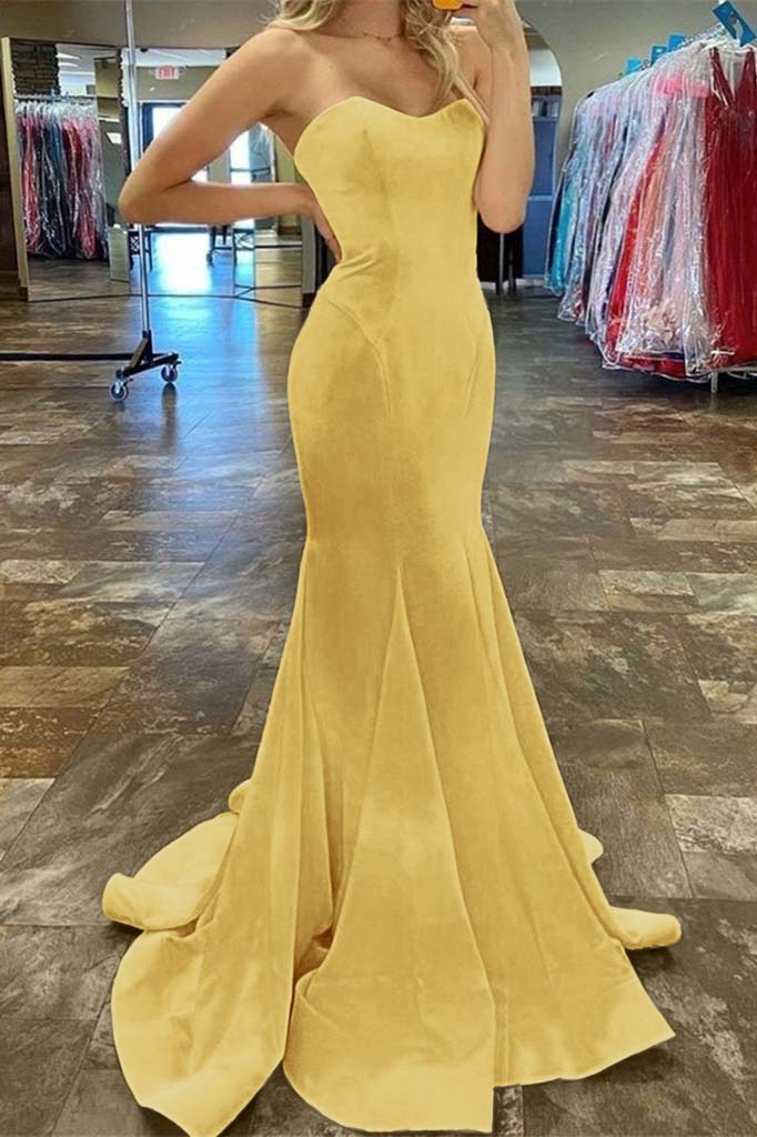 Charming Yellow Strapless Sleeveless Sweetheart Mermaid Long Prom Dress BMBRIDE