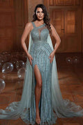 Glamorous Tulle Sequins Sleeveless Beadings Long Prom Dress With Front Split
