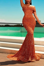 Orange One-Shoulder Strapless Mermaid Long Prom Dress with Sequins BM bride