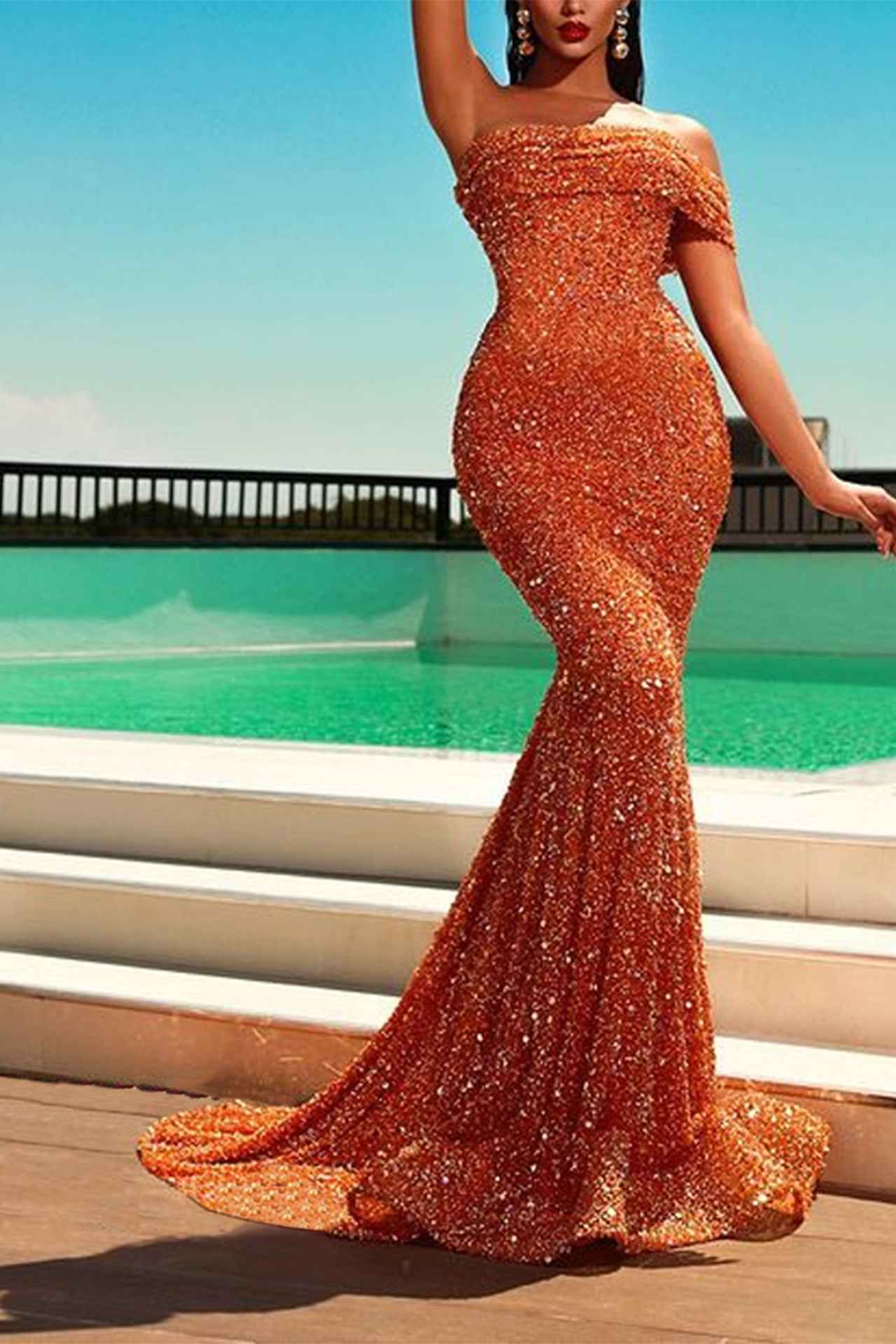 One Shoulder Orange Strapless Sleeveless Mermaid Long Prom Dress With Sequins