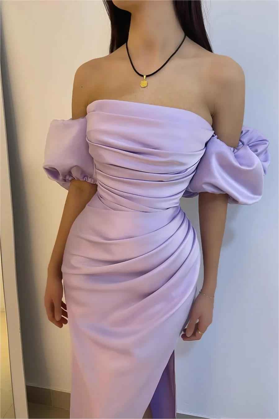 Charming Purple Square Neck Bubble Sleeves Pleated Prom Dress With Split