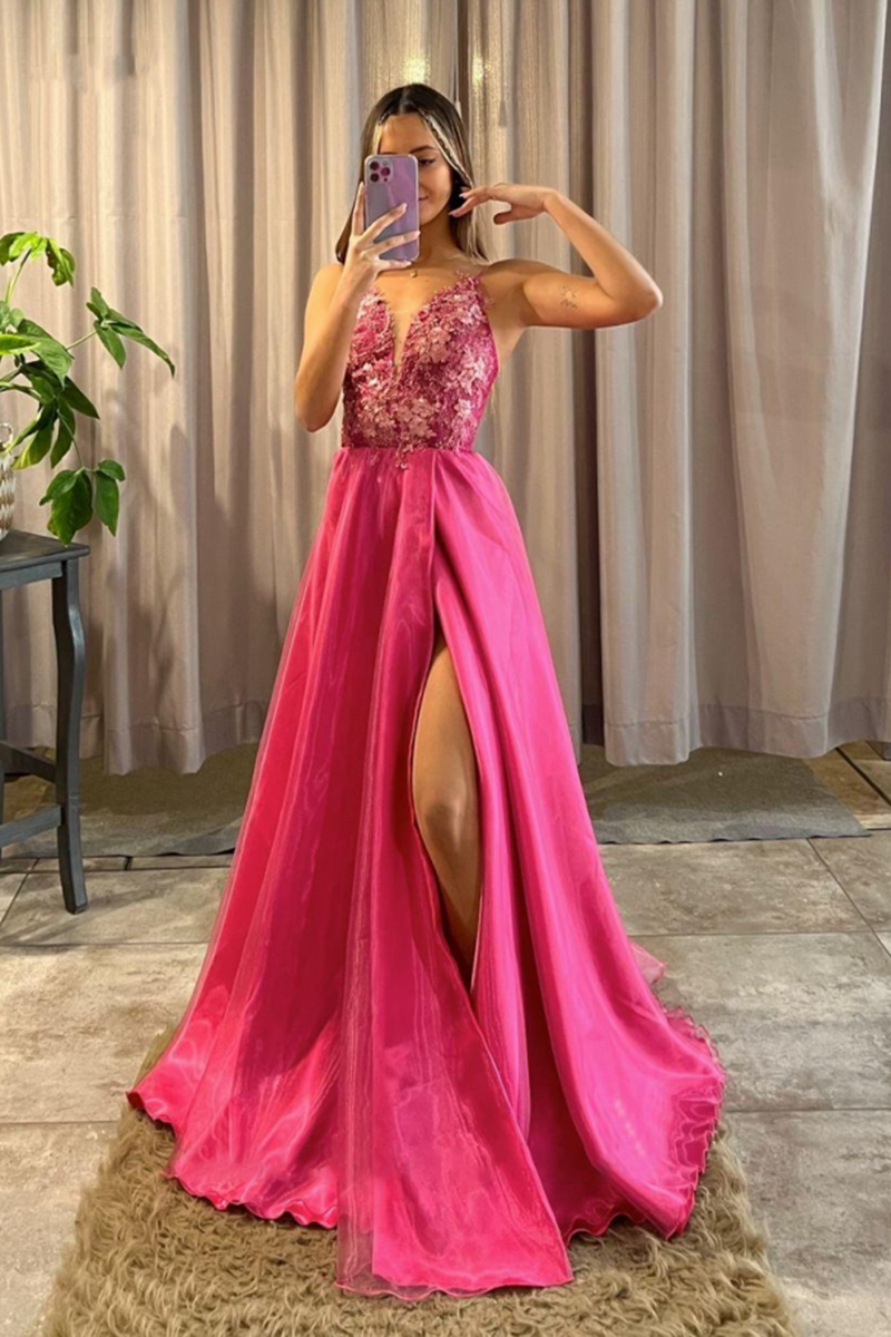 Pink V-Neck A-Line Long Prom Dress with Slit and Lace Appliqueds BM bride