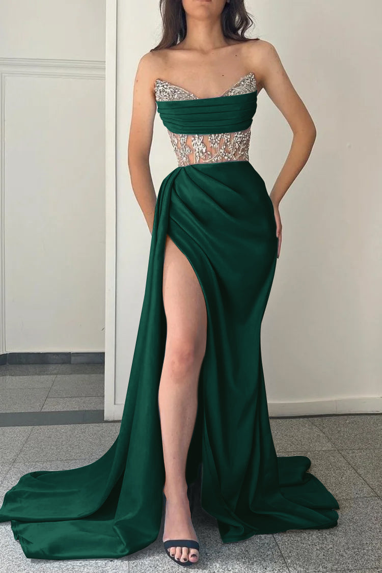 Modern Sky Blue Strapless Mermaid Prom Dress Split With Beading BMBRIDE