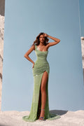 Sequins One Shoulder Sleeveless Long Prom Dress With Split Pleated BMBRIDE