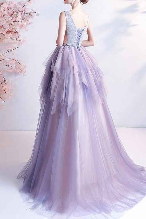 Sleeveless Long Prom Dress V Neck Tulle Layered With Beading Online