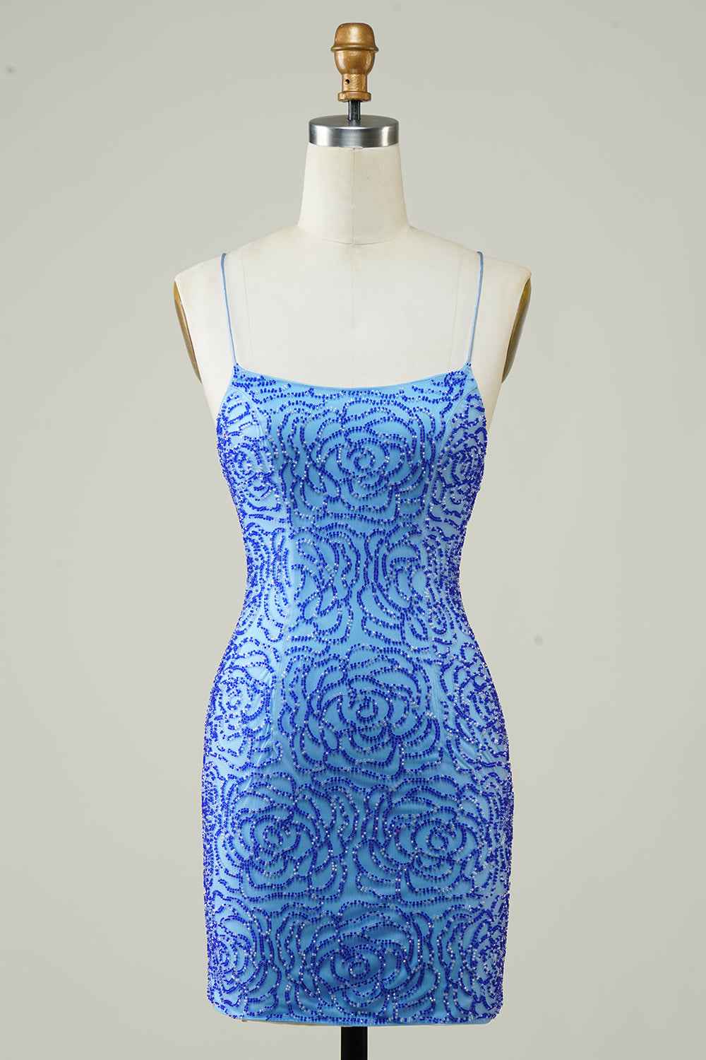 Sparkly Blue Beaded Lace-Up Back Tight Short Homecoming Dress