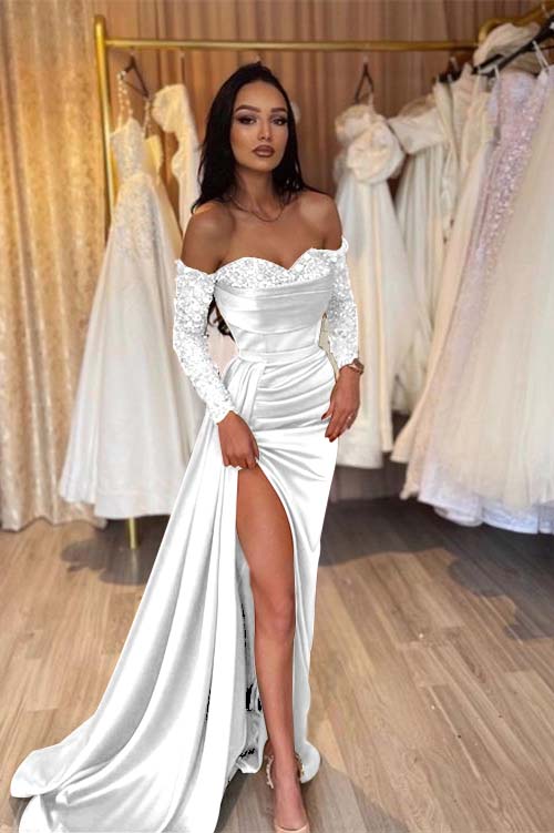 Off the Shoulder Long Sleeves Long Mermaid Prom Dress With Pleated BMBRIDE