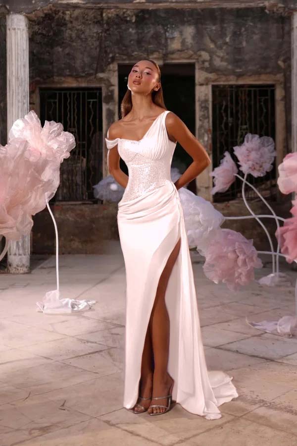 Sleeveless One Shoulder Long Split Prom Dress With Pleated Sequin BMBRIDE
