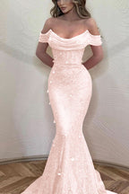 Orange Mermaid Off-The-Shoulder Prom Dress with Sequins BM bride