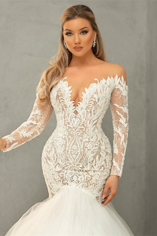 Long Sleeve V-Neck Tulle Mermaid Wedding Dress with Lace BM bride