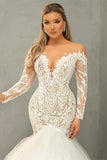 Long Sleeve V-Neck Tulle Mermaid Wedding Dress with Lace BM bride
