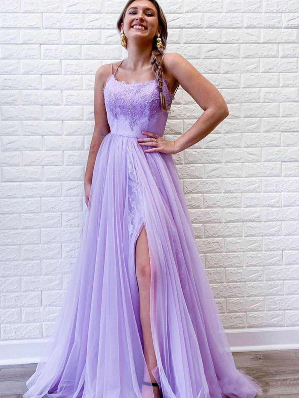 Lovely A Line Purple Backless Tulle Long Prom Dress BM bride