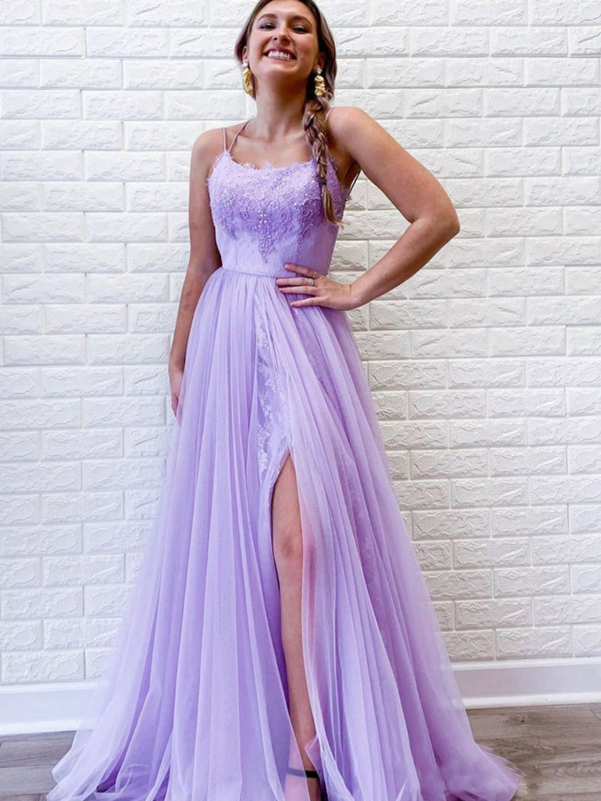 Lovely A Line Purple Backless Tulle Long Prom Dress BM bride