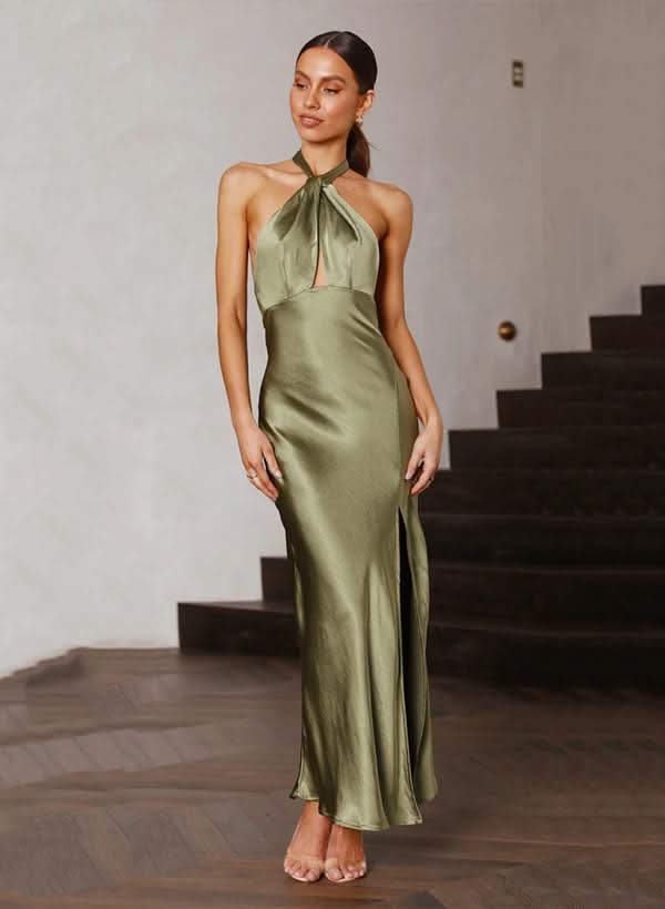 Ankle-Length Charmeuse Bridesmaid Dresses in a Sheath Halter Sleeveless Style BM bride