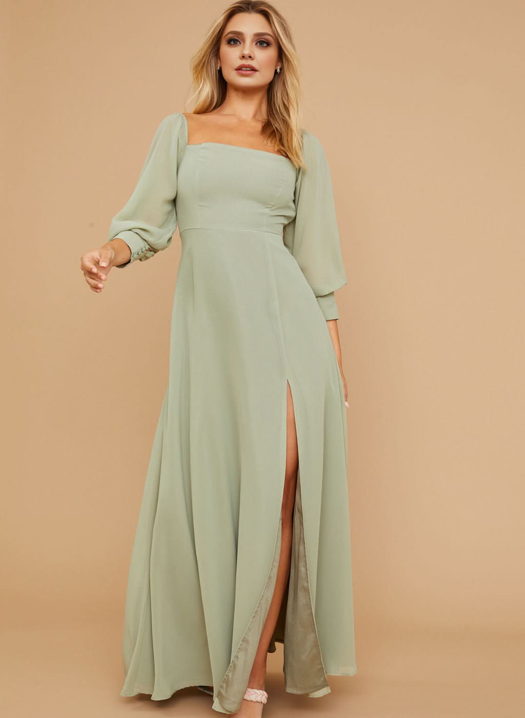 A-Line Chiffon Bridesmaid Dresses Featuring a Square Neckline and Long Sleeves BM bride
