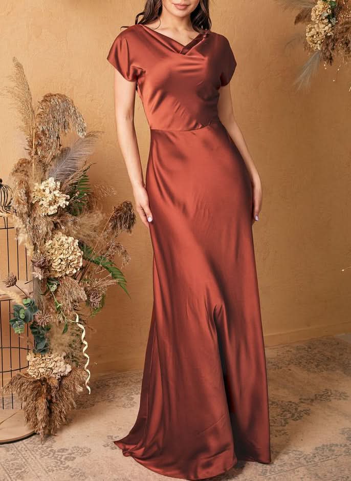 Satin Rust Cowl Neck Sheath/Column Bridesmaid Dresses with Short Sleeves BM bride