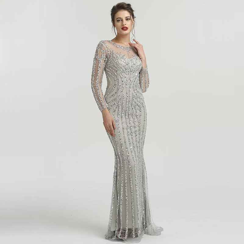 Elegant Ivory Bead Embroidery Long Sleeves Mermaid Long Prom Dress