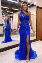 Charming Blue Sheer Straps Evening Dress with Slit, Appliques, and Beadings BM bride