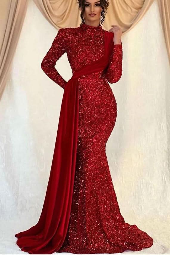 Sequins Long Sleeves High Collar Mermaid Prom Dress with Ruffle BM bride