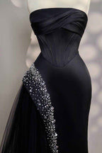 Chic Strapless Sleeveless Long Prom Dress With Beading Tulle