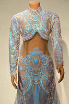 Glamorous High Neck Mermaid Long Sleeves Long Prom Dress With Sequins Lace