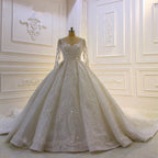 Long Sleeve Ball Gown Beaded Church Train Wedding Dress with Lace Appliques BM bride