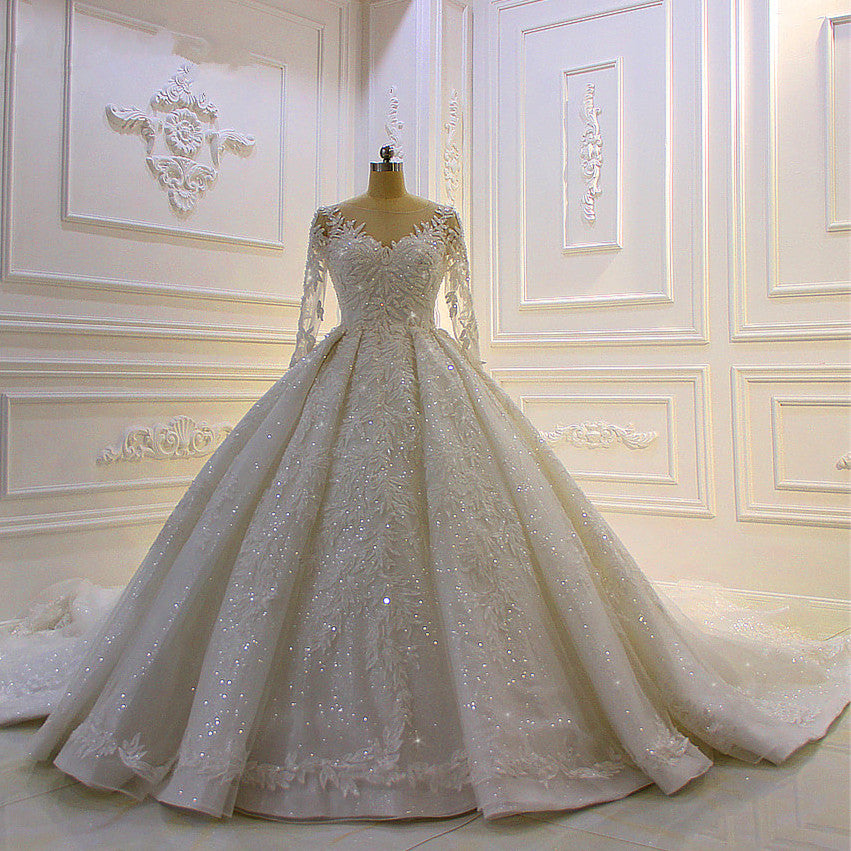 Long Sleeve Ball Gown Beaded Church Train Wedding Dress with Lace Appliques BM bride
