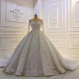 Long Sleeve Ball Gown Beaded Church Train Wedding Dress with Lace Appliques BM bride