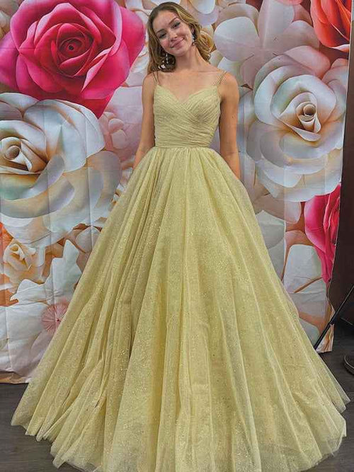 Champagne A Line Spaghetti Straps V Neck Tulle Long Prom Dress BMBRIDE