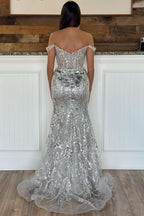 Elegant Off-the-Shoulder Floral A-Line Prom Dress with Tiered Ruffles BM bride