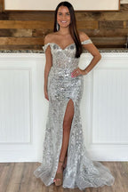 Elegant Off-the-Shoulder Floral A-Line Prom Dress with Tiered Ruffles BM bride