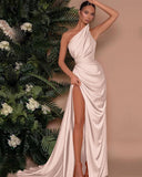 Elegant Green One Shoulder Sleeveless Mermaid Front Split Evening Dress Online BM bride