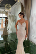 Gorgeous Champaign Gold Straps Sleeveless Mermaid Long Prom Dress With Beading