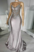 Ivory Spaghetti Strap Sleeveless Pleated Mermaid Long Prom Dress With Appliques