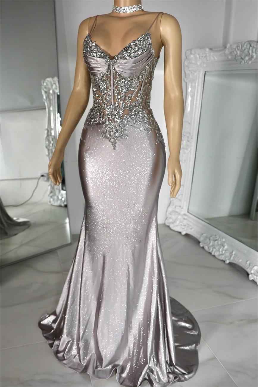 Ivory Spaghetti Strap Sleeveless Pleated Mermaid Long Prom Dress With Appliques